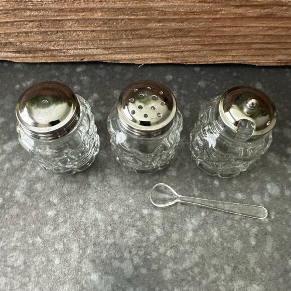 Vintage Glass Condiment Set Salt Pepper Shakers Spice Sugar Jam Jar With Spoon - Picture 2 of 4